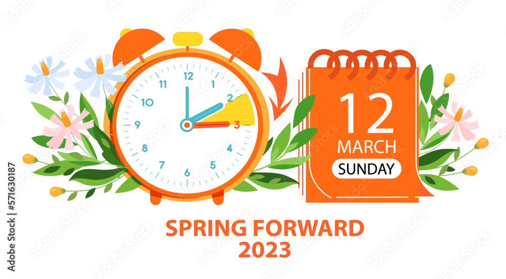 Spring Forward. Clock set to an hour ahead March 12, 2023. Concept