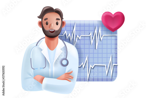 3D doctor, vector cardiologist healthcare consultation expert, cartoon male therapist, heart pulse. Cardiogram test, emergency clinic professional checkup hospital staff stethoscope. 3D doctor clipart