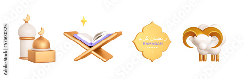 3d muslim icon for Ramadan, Eid Fitr. Islam mosque, rehal,holy quran,sheep,arabic shape ,badge text. Vector realistic illustration