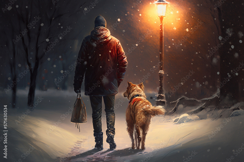 Walking in the park with my dog it's snowing and there are a few light glowing. Generative AI