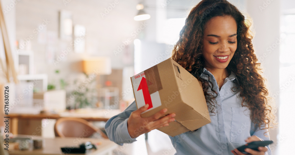 Woman, fashion e commerce startup and phone product delivery online internet system. Happy small business owner, clothing supply chain industry worker and retail order packaging and track in boutique Woman, fashion e commerce startup and phone product delivery online internet system. Happy small business owner, clothing supply chain industry worker and retail order packaging and track in boutique