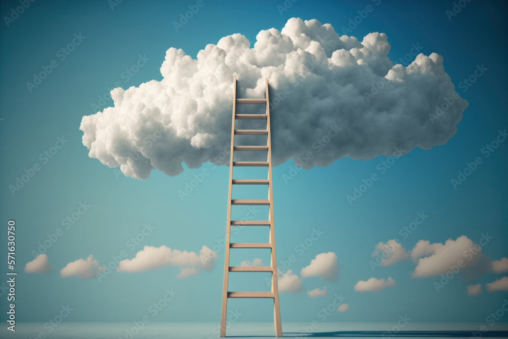 Ladder going up to sky cloud. Stairway to heaven. Success, business rise concept. Generative AI Ladder going up to sky cloud. Stairway to heaven. Success, business rise concept. Generative AI