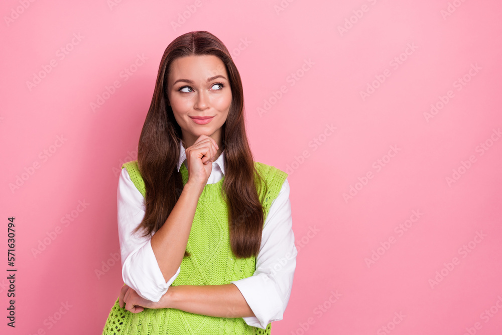 Photo of adorable pretty lady hand chin wear clothes interested look empty space novelty feedback isolated on pink color background