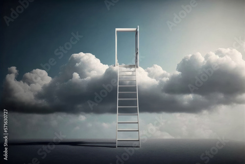 Ladder going up to an open gate on sky cloud. Stairway to heaven. Success  business rise concept. Generative AI
