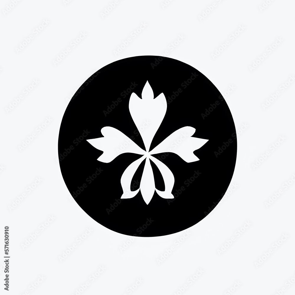 White petals fleur de lis in a black circle on white background. Generative AI White petals fleur de lis in a black circle on white background. Generative AI