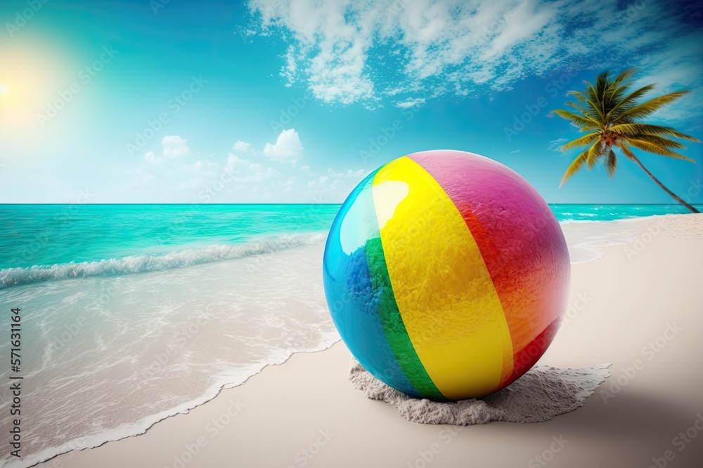 Closeup of a Beach Ball on a Tropical White Sandy Beach with a Palm Tree in the Background (Generated with AI)