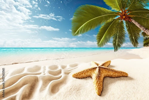 Closeup of a Starfish on a Tropical White Sandy Beach with a Palm Tree in the Background (Generated with AI)