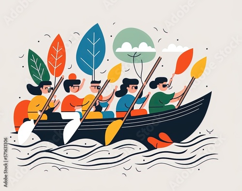 group of people working together on the boat  symbolizing teamwork and direction made with generative ai  vector style  flat  illustration  cartoon  line