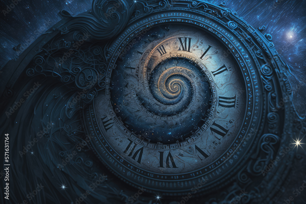 Swirled surrealism clock, giant clock with a fast running hour hand, dial, surreal clock digital art style. Time travel concept, time traveller, Generative AI