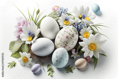 Happy easter. Congratulatory Easter background. Easter eggs and flowers. Ai generative