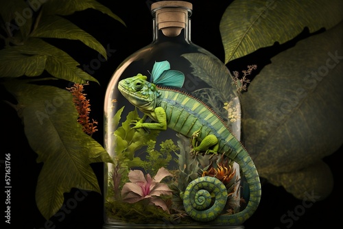 Chameleon inside a floral glass jar