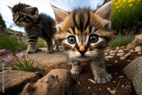 Kitten cat playing at park, ant view photography (Ai generated)