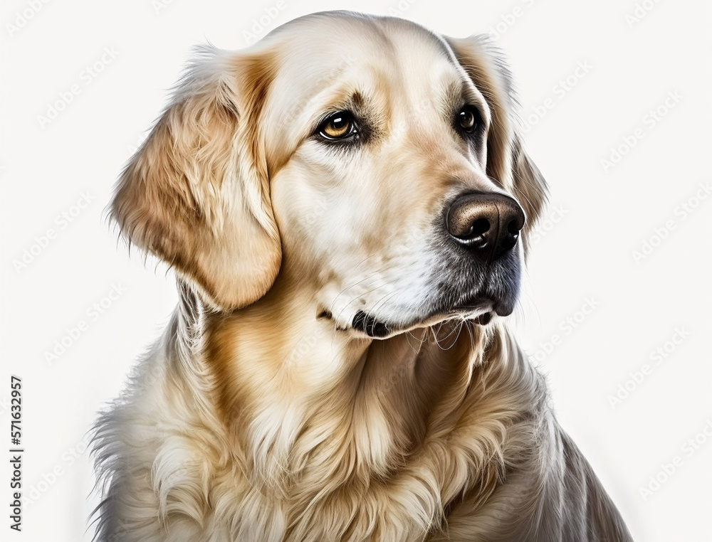 Golden Retriever dog sitting with white background, portrait setting.