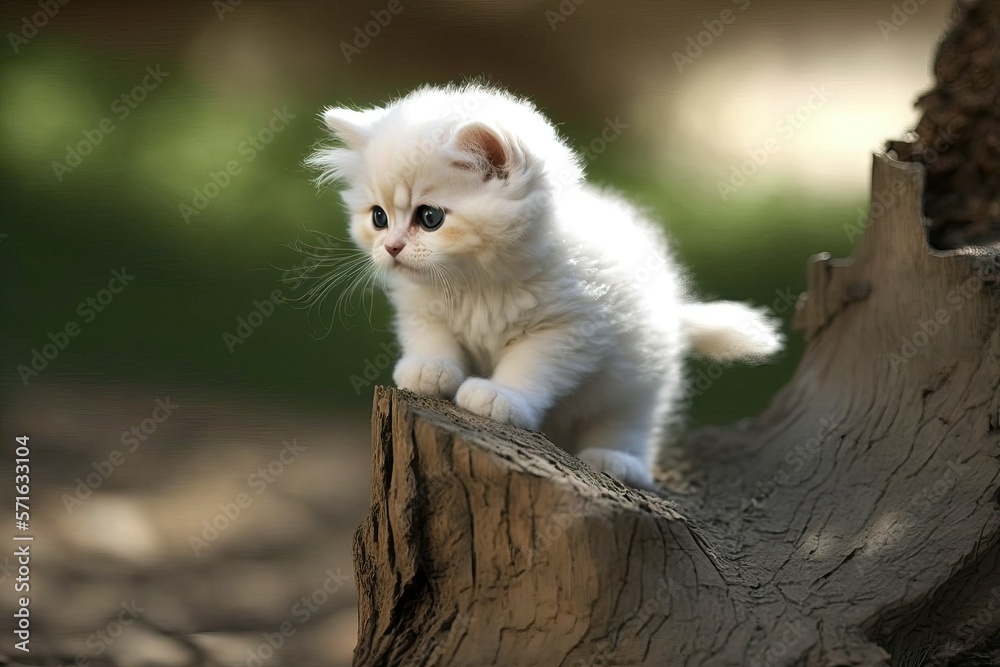 Fototapeta premium Persian white kitten cat playing at park, ant view (Ai generated)