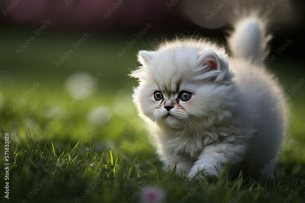 Persian white kitten cat playing at park, ant view (Ai generated)