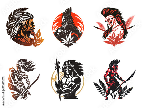 Native Indian apache logo design. Black and white style with red and orange accents. The strength of indigenous peoples. Ideal for postcard, book, poster, banner, event logo. Icon set. Vector