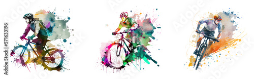 Watercolor composition cycling set isolated on white background. Man, bicycle, sport, race, competition. Ideal for postcard, advertisement, book, poster, banner. The concept of victory. Vector