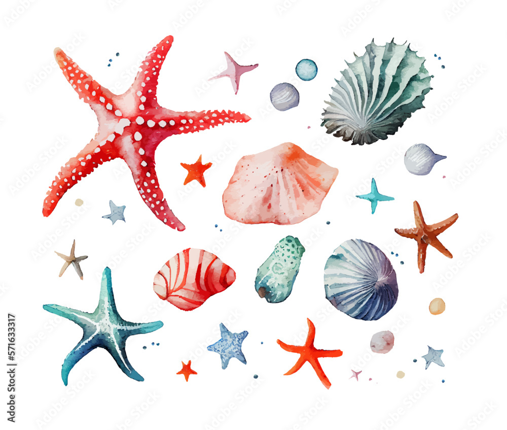 Colorful watercolor composition of the underwater world set isolated on white background. Sea stars, shells, corals. Ideal for postcard, advertisement, book, poster, banner. Life in the ocean. Vector