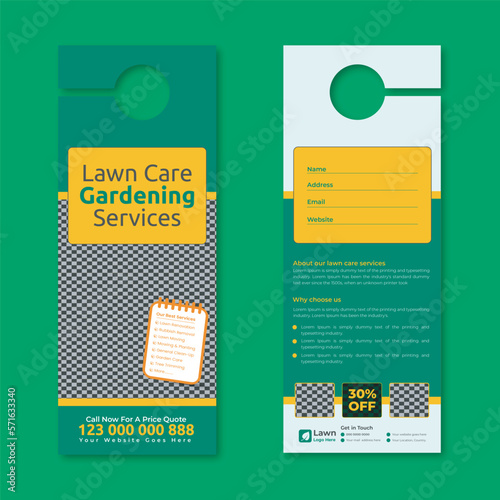 lawn care and gardening, lawn trimming, door hanger template, Or lawn mower and landscaping door hanger template vector layout