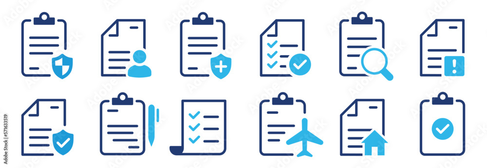 Insurance policy icon set. Certified document symbol. Approval process. Policies document. Company passed inspection. Vector illustration - obrazy, fototapety, plakaty 