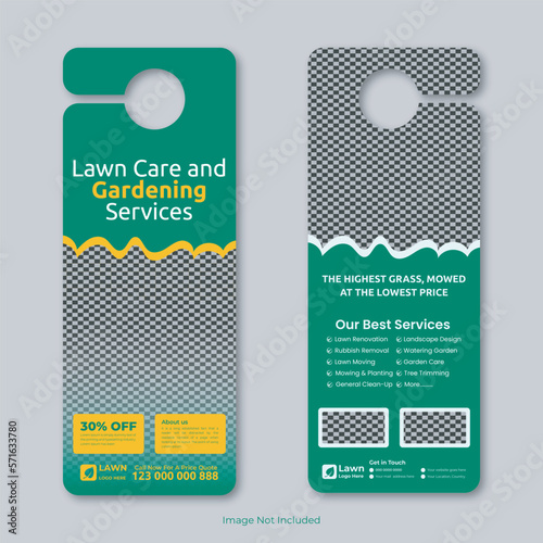 lawn care and gardening, lawn trimming, door hanger template, Or lawn mower and landscaping door hanger template vector layout