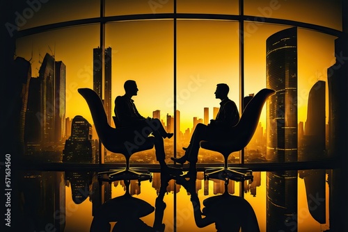 Silhouettes of two business partners sitting in high building room at city scape background (Ai generated)
