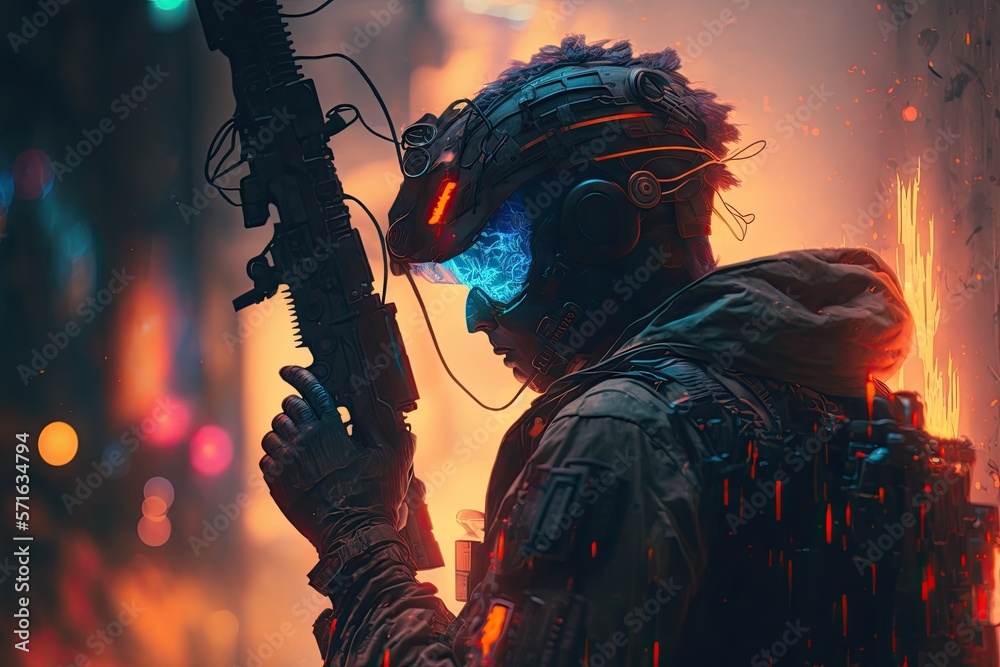 Cyberpunk post-apocalyptic male warrior shooter, full of rage, futuristic setting, destruction, fire, neon laser weapons. Generative AI.