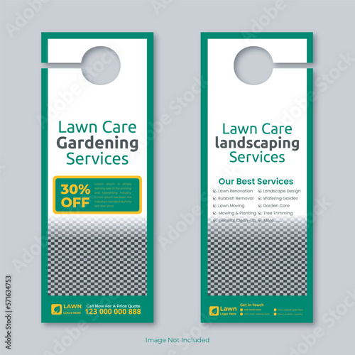 lawn care and gardening, lawn trimming, door hanger template, Or lawn mower and landscaping door hanger template vector layout