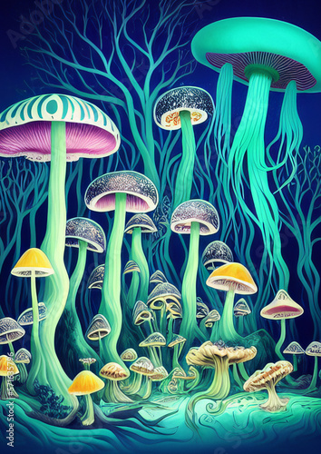 Magical fantasy mushrooms float in the air in a magical blooming meadow.