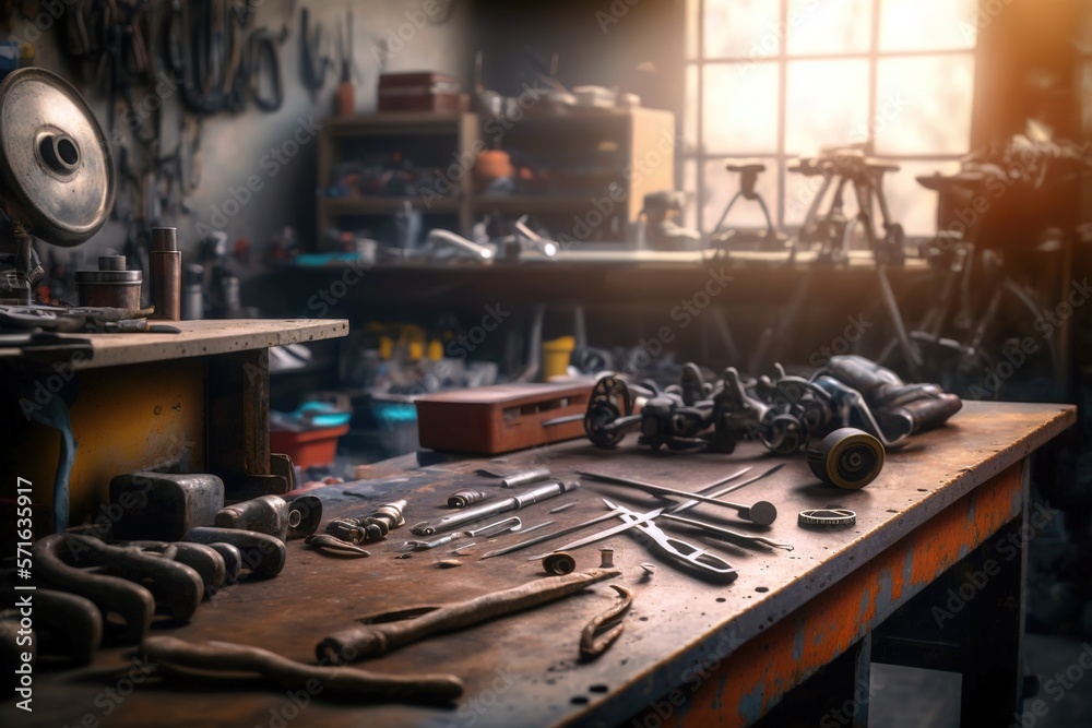 Automotive workshop with many pieces and repairing tools. Generative AI Illustration