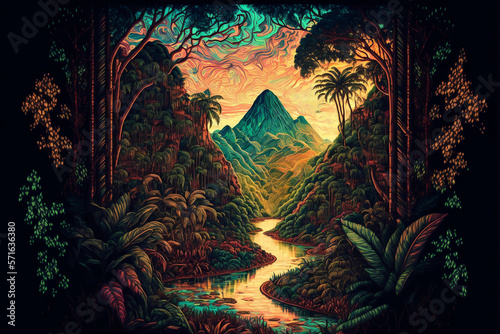 Ayahuasca, a psychedelic landscape, art, illustration