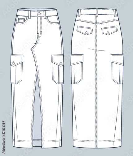 Maxi Skirt technical fashion illustration. Denim Skirt fashion flat technical drawing template, zip up, pockets, front slit, front and back view, white, women CAD mockup.
