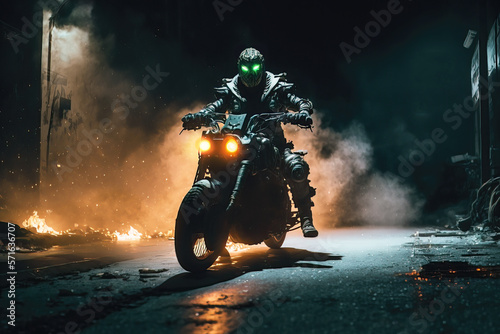 Zombie riding a motorcycle in a dark mist alley at night, FUndead horror concept. Generative AI © Michael