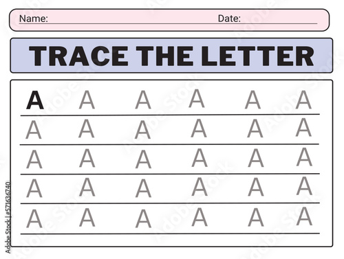 Alphabet letters tracing worksheet with all alphabet letter A. Basic writing practice for kindergarten kids
