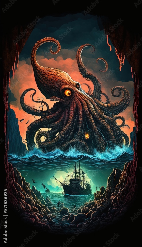 giant octopus wrapping its tentacles around a sunken pirate ship in a ...