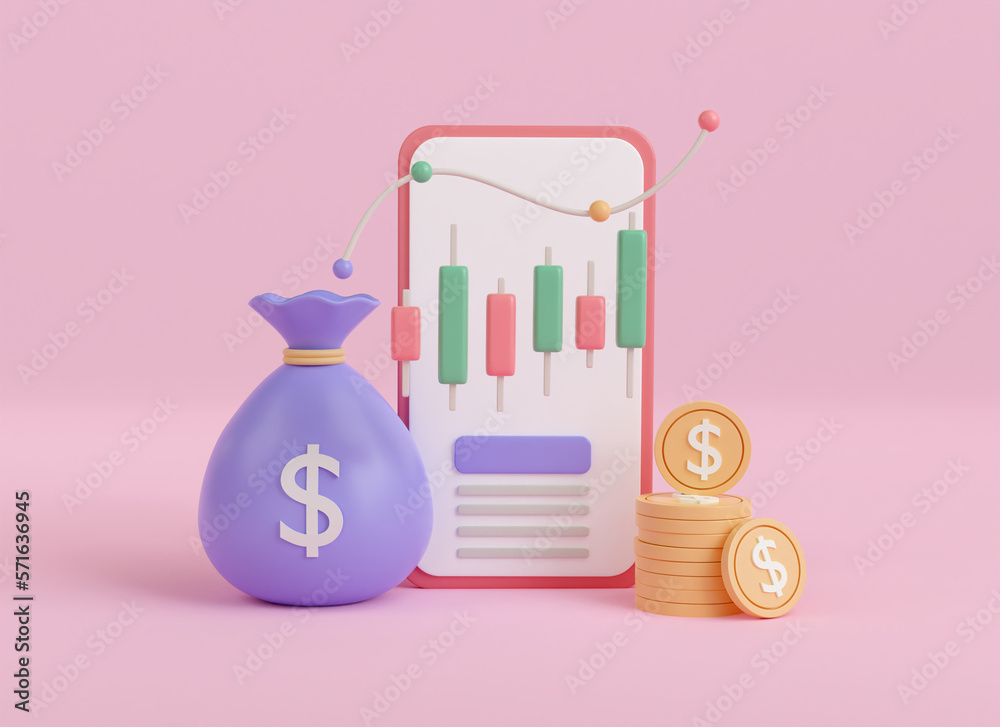 3d render trading stock with coin on mobile phone icon. business investment graph income and profit. online banking money. 3d rendering illustrator minimal. 3d render trading stock with coin on mobile phone icon. business investment graph income and profit. online banking money. 3d rendering illustrator minimal.