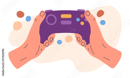 Human hands holding joystick. Cartoon video game device in human hands, gamepad device flat vector illustration on white background