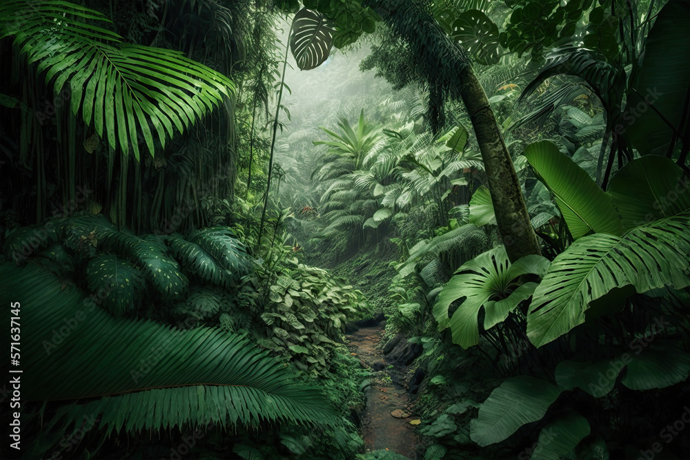 A dense rainforest with a canopy of green leaves and a variety of tropical plants, Rank 1 National Geographic, forest, nature, tree, tropical, jungle, palm, trees, rainforest, fern, landscape, foliage - obrazy, fototapety, plakaty 