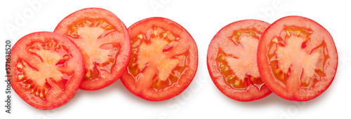 Tomato slices on white background. File contains clipping path.