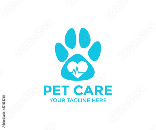 Dog Paw Love with a heart-shaped frame of dog logo design. Containing dog, cat, puppy, animals symbol. Animal care and vet clinic elements vector design and illustration.
