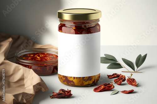 Illustration of a mockup of a jar of sun-dried tomatoes in oil. Generating AI