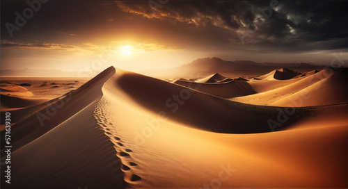Atmospheric and mystical moody light of the sunset sunbeam illuminated the slope of a sand dune somewhere in the depths of the Sahara Desert. AI generative