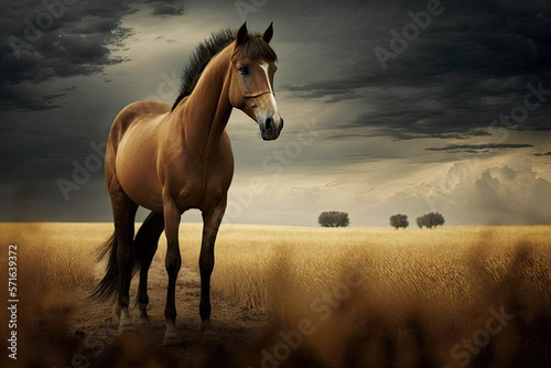 a brown horse in a field with dramatic sky. Generative AI © jr-art