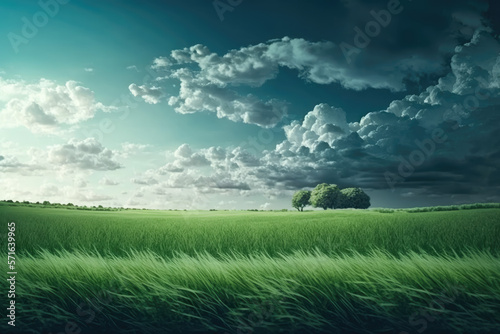 a meadow with tall green grass and dramatic sky. Generative AI