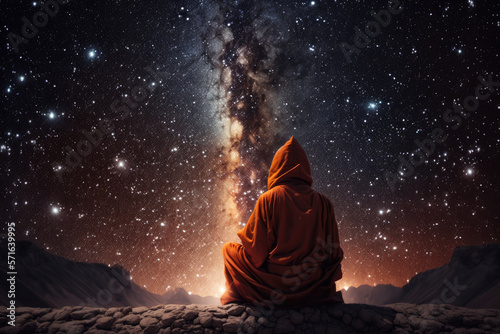 a monk meditates in front of a night sky with stars and the milky way. Generative AI