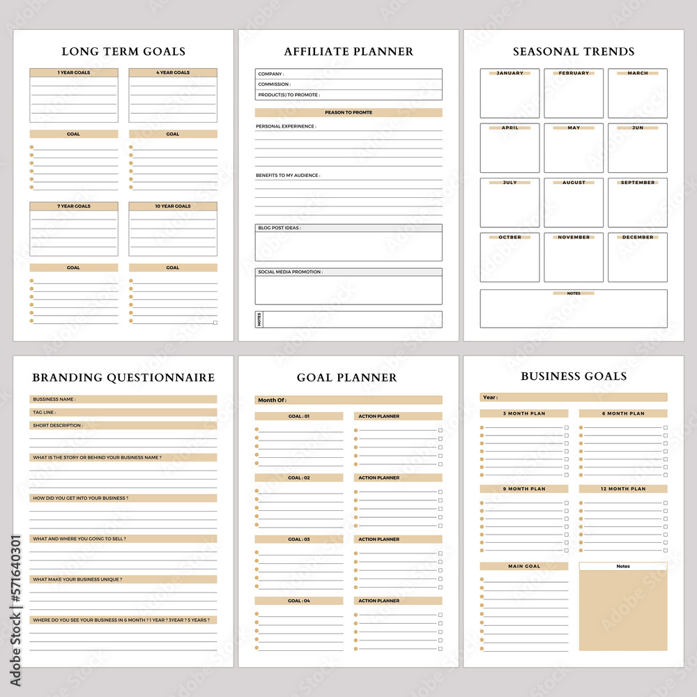 Minimalist planner pages templates. Printable Life & Business Planner Set. Long Term Goals, Affiliate Planner, SEASONALTRENDS, Branding Questionnaire, Goal Planner, Business Goals, Planner