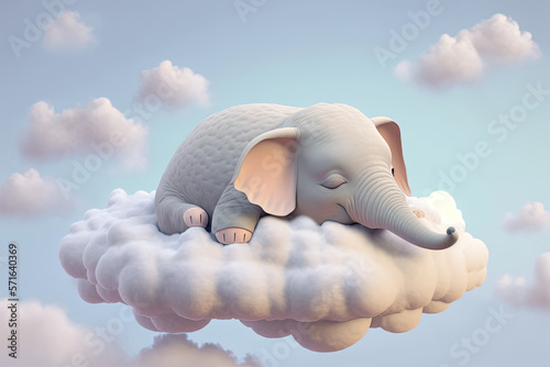 A cute little baby elephant sleeps on a cloud and dreaming. Children's book illustration on a sky background, Ai generative
