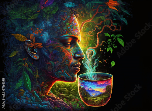 Ayahuasca, psychedelic, psychedelic tea, tea, man, drink, spiritual, natural, Ayahuasca tea, colorful, art, illustration, transcending, hallucinatory, kaleidoscopic, multicolored, consciousness-expand photo