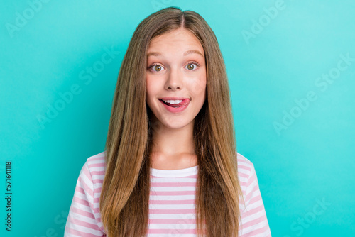 Photography Photo of pretty charming girl dressed pink t-shirt licking lips smiling isolated