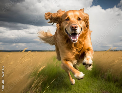 golden retriever running outdoors in grass wheat field, happy. © Tim